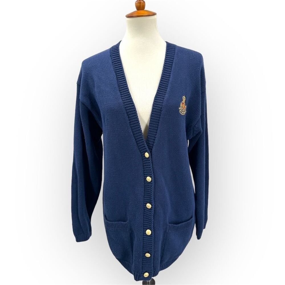 Vintage Charter Club Navy Long Cardigan Gold Crest Emblem